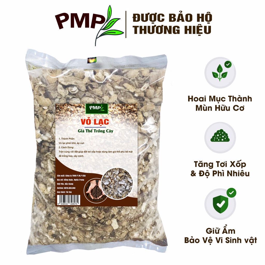 Giá thể vỏ lạc PMP phơi khô dập nhỏ để trộn đất, phủ bề mặt trồng cây 1Kg