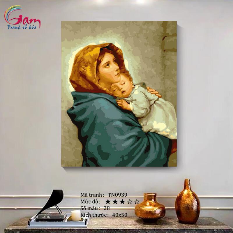 Tranh tô màu số hóa Đức mẹ Maria và Chúa hài đồng Tranh tôn giáo TN0939