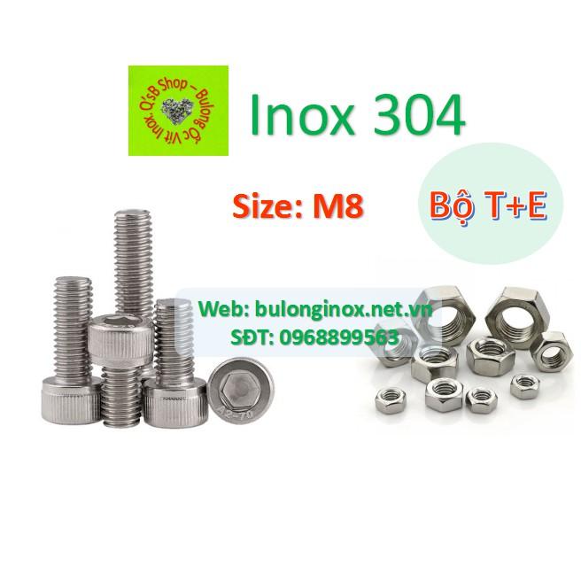 Bulong lục giác chìm đầu trụ size M8 inox bộ Thân + Ecu , ốc đầu trụ , ốc lục lăng đầu trụ inox, inox 304