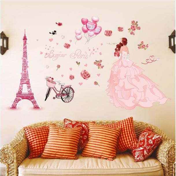 Decal trang trí tường - Sự Lãng Mạn của Tháp hồng và Phía sau Cô Gái