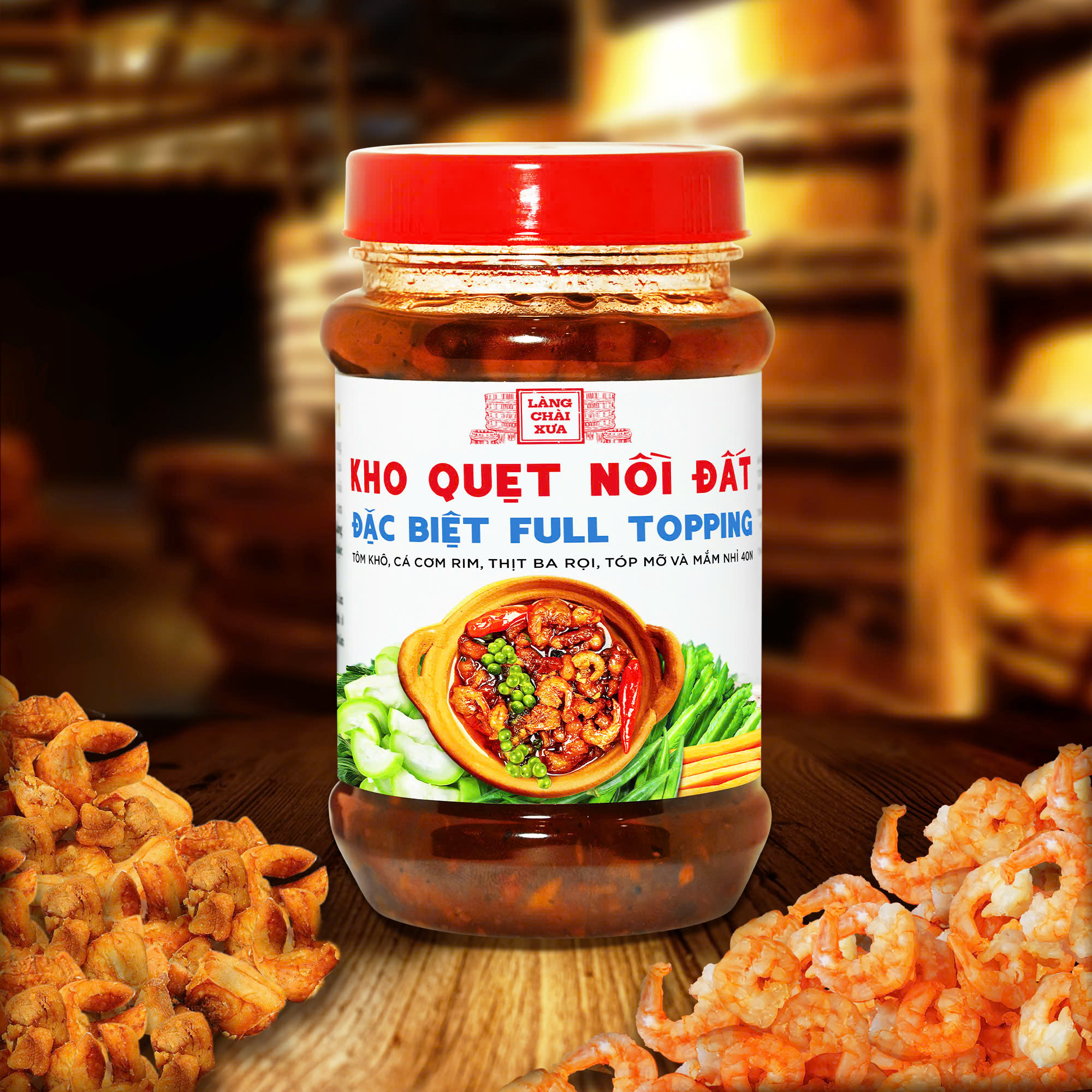 Kho quẹt nồi đất Làng Chài Xưa thơm ngon đặc biệt full topping tôm khô, cá cơm rim, thịt ba rọi, tốp mỡ & mắm nhỉ 40N hủ 250g