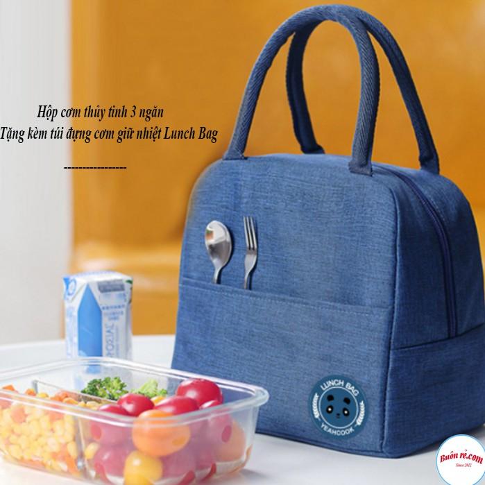 Hộp cơm thủy tinh cao cấp 3 ngăn tặng kèm túi đựng cơm giữ nhiệt 2 lớp dày dặn Lunch Bag 00995