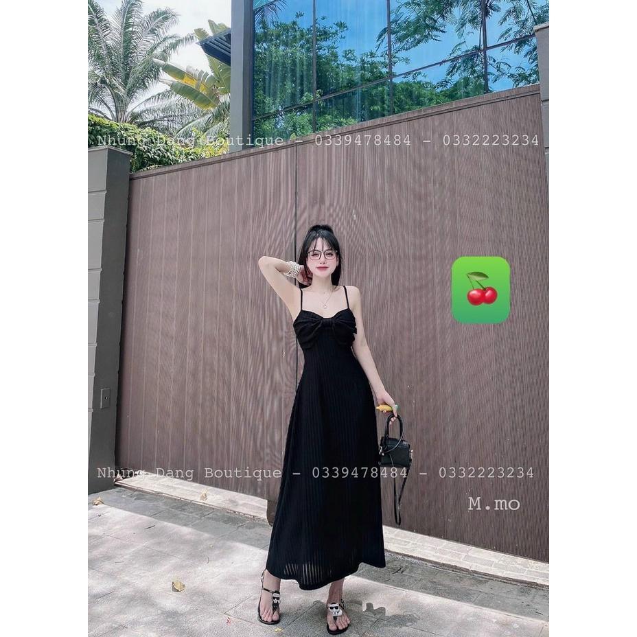 Đầm 2 dây form dài phối nơ to chất Thun Gân - Đầm 2 dây nữ tánh bánh bèo