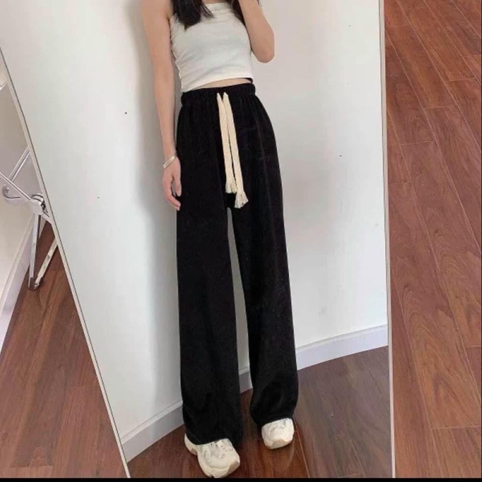 Quần Suông Dây Bản To Nữ Culottes ống rộng dài màu đen hssv, thun vintage cá tính Ulzzang