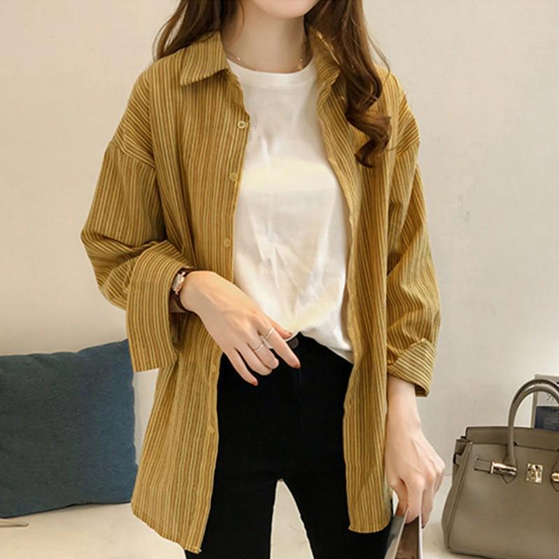 Áo sơ mi tay dài cổ bẻ dáng rộng họa tiết kẻ sọc size lớn trẻ trung thời trang