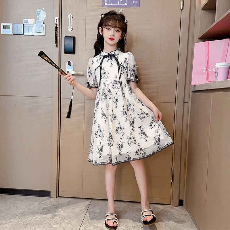CHENGRUI Cô gái ăn mặc Midboy mùa hè 2023 mực vẽ sườn xám váy cô gái phong cách phương Tây cổ trang công chúa váy