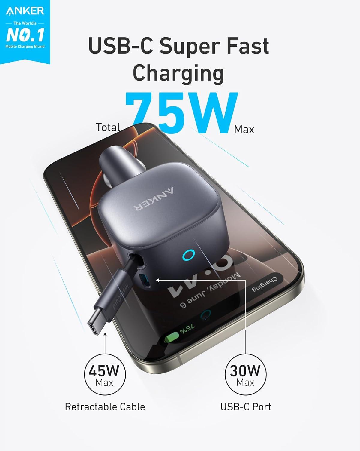 Tẩu sạc ô tô Anker Nano 1C 75W (Built-In Retractable USB-C Cable) Xám (Gray) A2738 - Hàng Chính Hãng