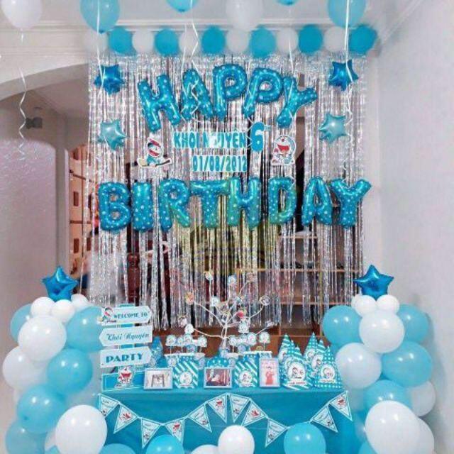 Hình ảnh Combo trang trí sinh nhật 2 rèm kim tuyến, bóng chữ happy birthday, 50 bong bóng đủ đồ phụ kện CB02