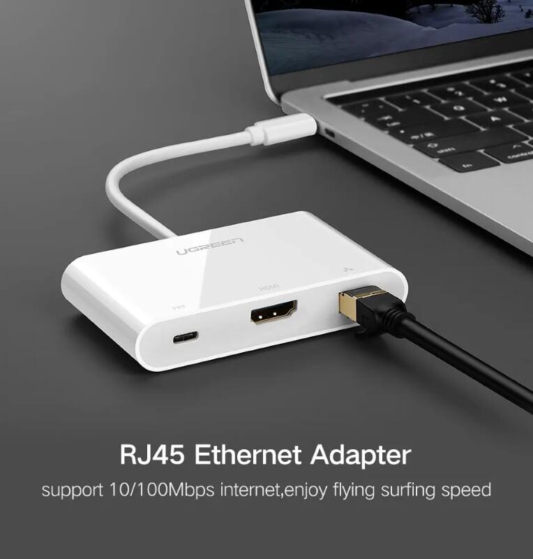 Ugreen UG30440US182TK Bộ chuyển đổi TYPE C sang USB 3.0 + USB 2.0 + HDMI + LAN + hỗ trợ nguồn TYPE C - HÀNG CHÍNH HÃNG