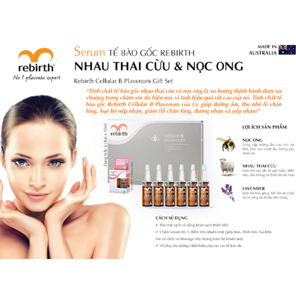 Serum tế bào gốc Nhau thai cừu và Nọc ong Rebirth Cellular B Plavenom 10ml - Ngăn ngừa sạm nám, chống lão hóa và làm trắng da