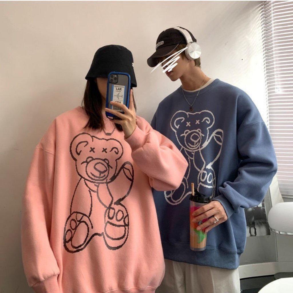 Áo sweater nỉ unisex form rộng hoodie street style nam nữ ulzzang hottrend hình in gấu phản quang cực chất