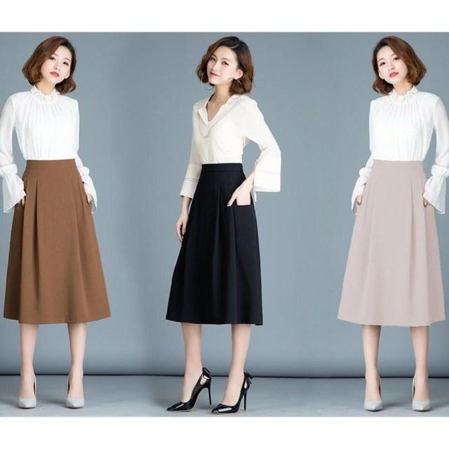 Chân váy nữ dáng dài, Chân váy midi công sở có túi- màu nâu-đen