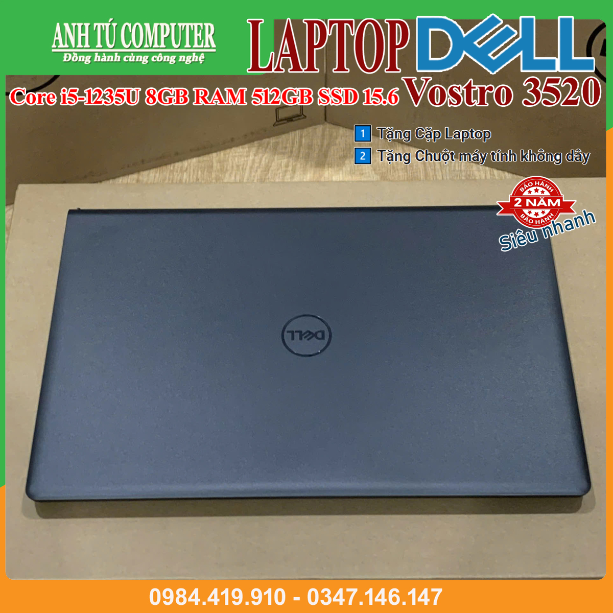 Laptop Dell Vostro 3520 Core i5-1235U 8GB RAM 512GB SSD 15.6″ FHD Black Hàng chính hãng