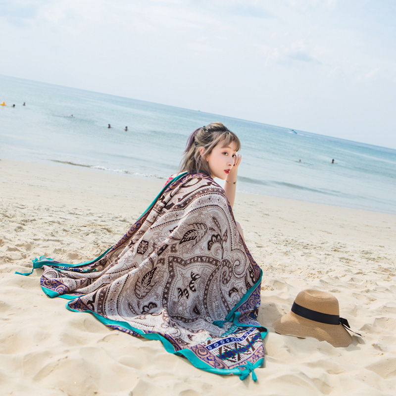 Khăn Choàng Quàng Cổ Boho Họa Tiết Thổ Cẩm Màu Xanh Lam - Chất Liệu Cotton - Size:90x180cm - Mã KC012