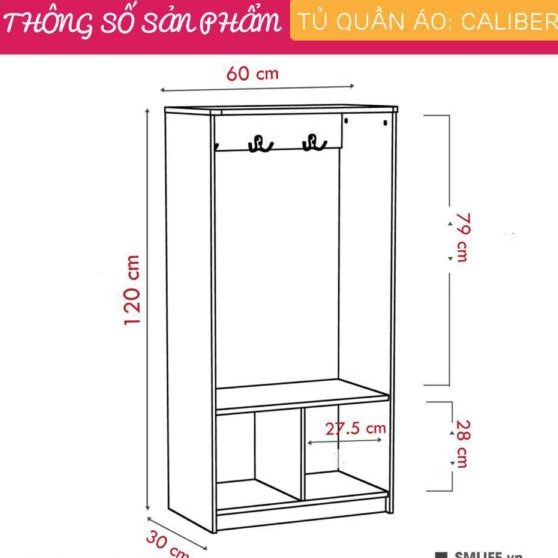 Tủ quần áo gỗ hiện đại Calibe | Gỗ MDF dày 17mm chống ẩm | D60xR30xC120cm