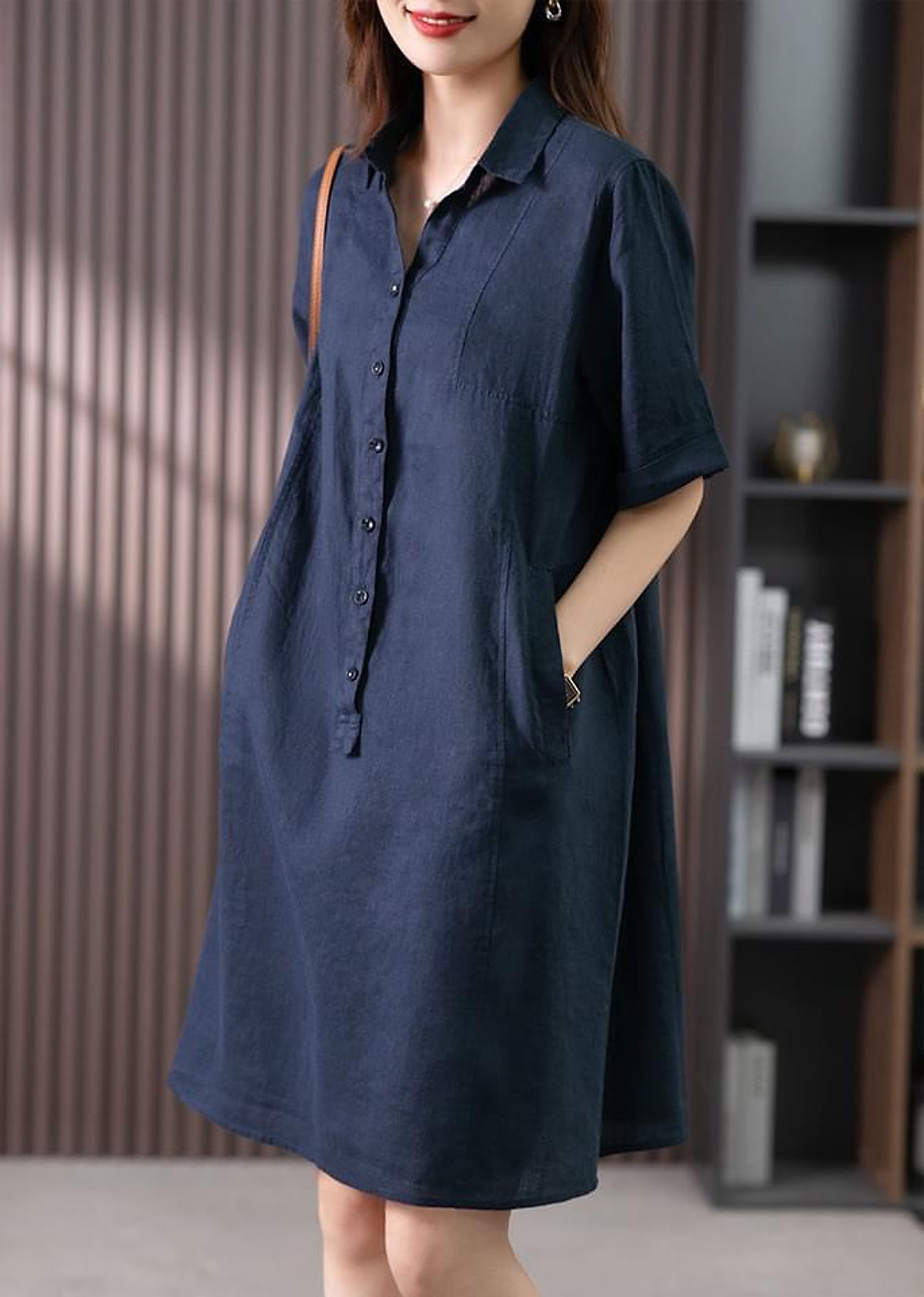Đầm suông công sở Linen bột Premium cổ đức túi bổ cơi - Xanh than