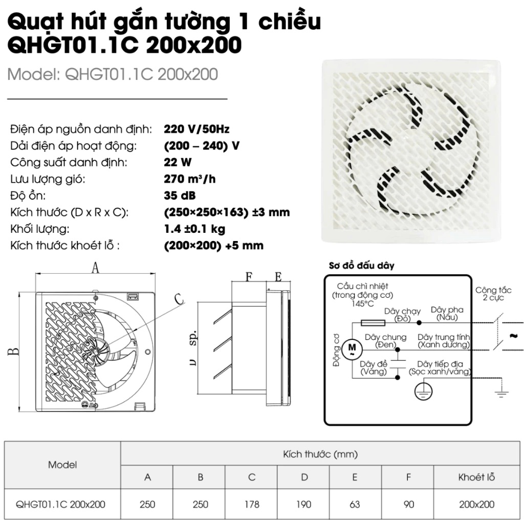 Quạt hút mùi thông gió gắn tường 1 chiều Rạng Đông QHGT01.1C cho nhà bếp, nhà tắm, phòng ngủ - Hàng chính hãng