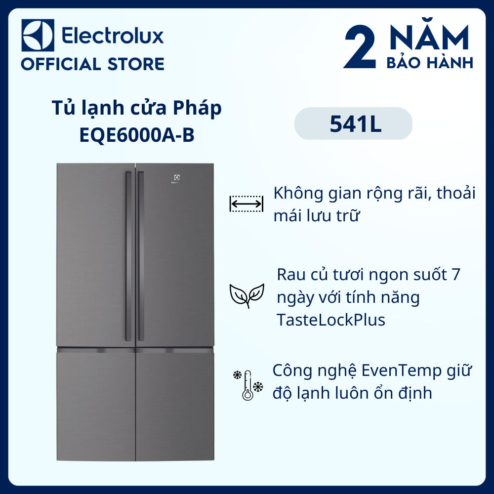 [Freeship] Tủ lạnh Electrolux Inverter Cửa Pháp 541 lít - EQE6000A-B - Làm đông nhanh, loại bỏ 99.8% vi khuẩn, tiết kiệm điện, ổn định nhiệt, rau củ tươi ngon suốt 7 ngày [Hàng chính hãng]