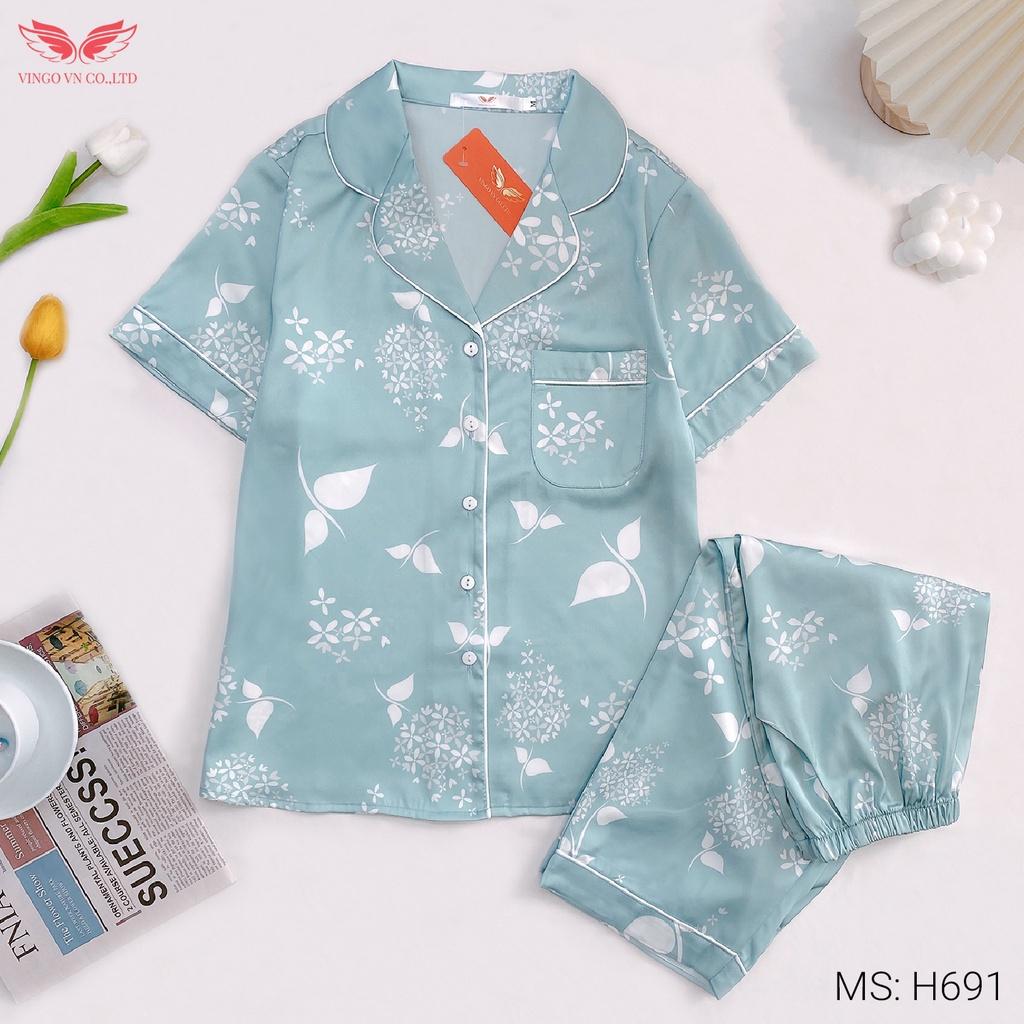 Đồ bộ nữ mặc nhà Pijama lụa Pháp VINGO tay ngắn quần lửng mặc màu Hè họa tiết chùm hoa màu xanh nhạ thanh lịch H691 VNGO