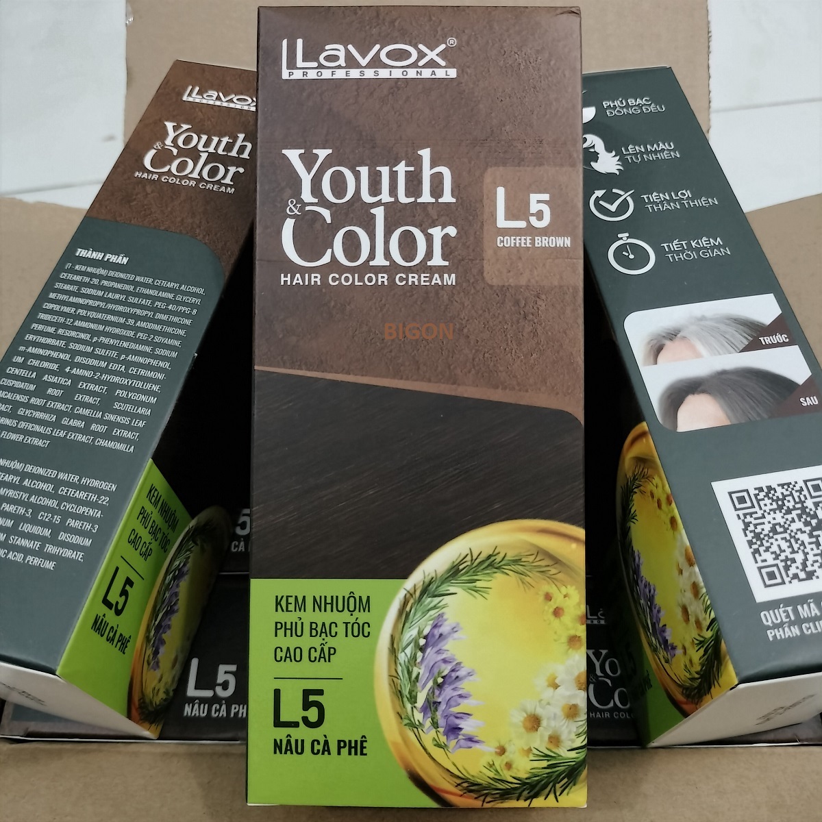 Nâu Cà Phê(Nâu Sáng L5) - Kem Nhuộm Dưỡng Tóc Phủ Bạc Lavox Youth&amp;Color L5 - Màu Nâu Cà Phê (Mẫu Cũ Nâu Sáng)