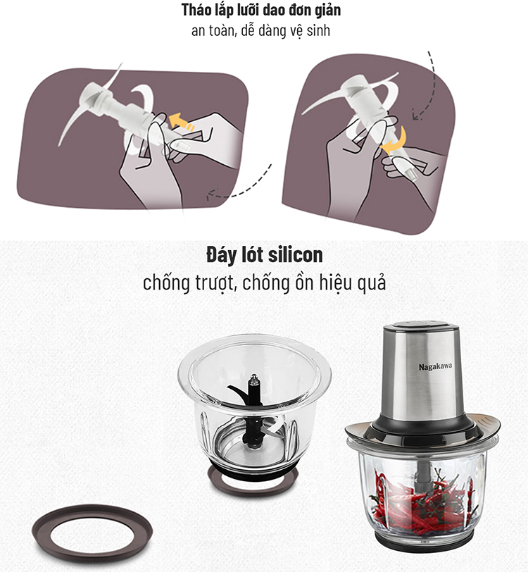 Máy xay thịt 2 lưỡi dao kép cối thủy tinh Nagakawa NAG0812 - Hàng Chính Hãng