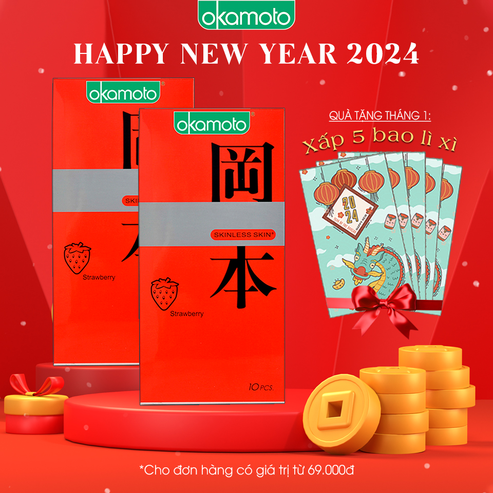Combo 2 hộp Bao Cao Su Okamoto Skinless Skin Strawberry Hương Dâu Hộp 10 Cái