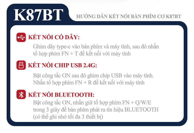 Bàn phím cơ KHÔNG DÂY K87 kết nối 3 chế độ với thiết kế TKL 87 phím có đèn led RGB 22 chế độ cực đẹp và có hotswap thay switch dễ dàng