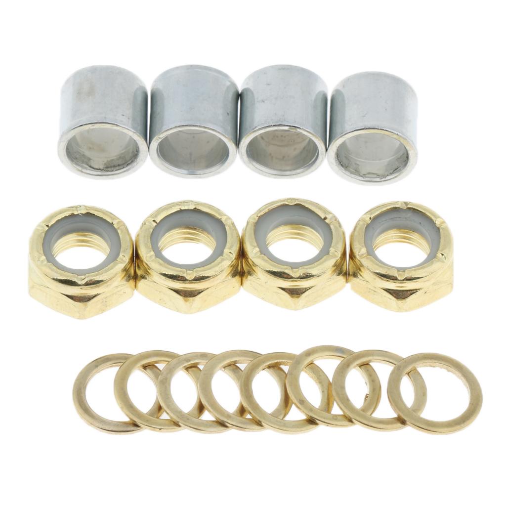 4xSkateboard Longboard Truck Speed Kit Axle Speed Washers Nuts Spacer Golden