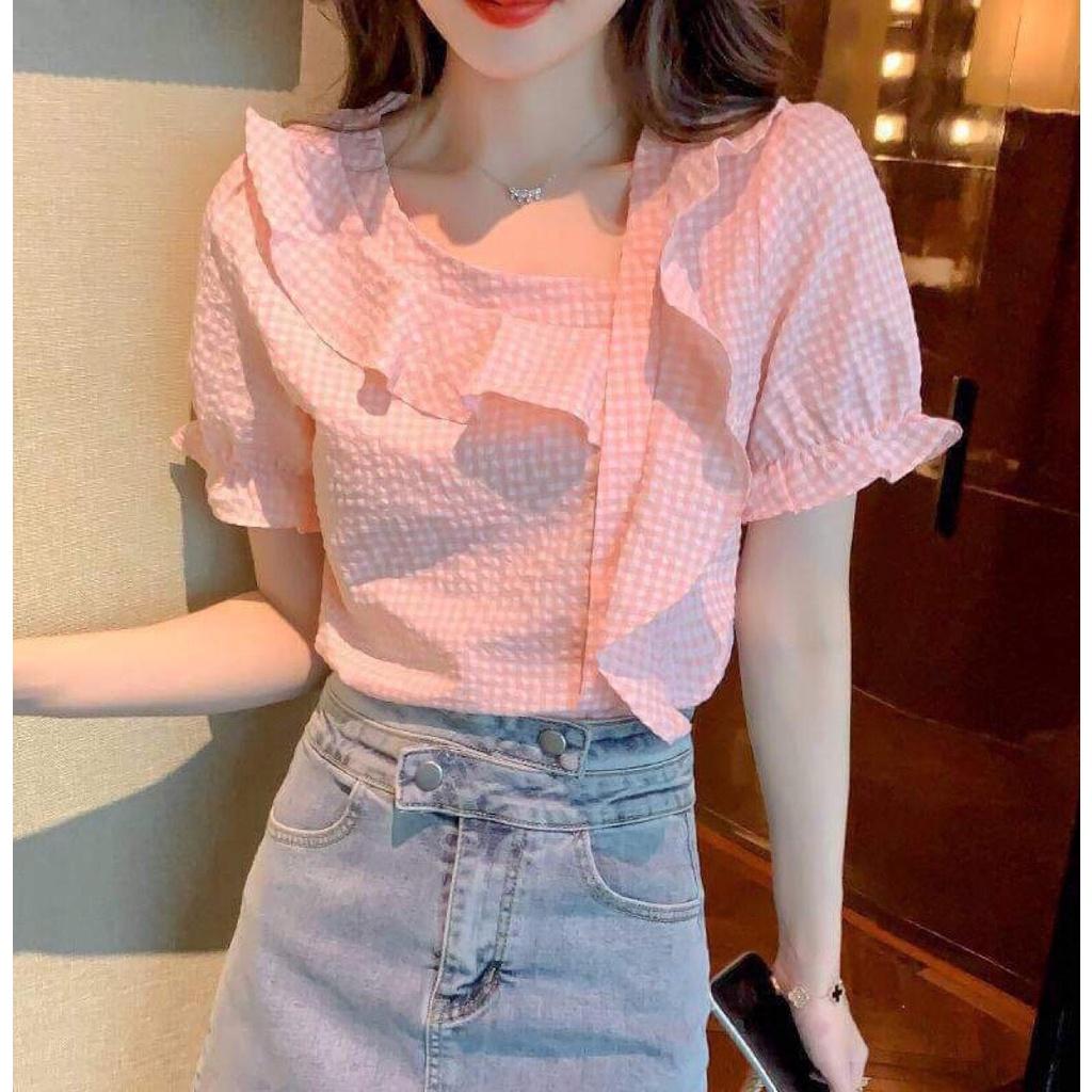 Áo Kiểu Cổ Xéo Phối Bèo Tay Phồng Chất Liệu Kate Xốp