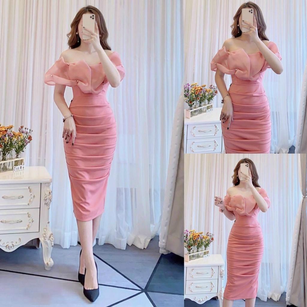 Đầm Nữ Ôm Body Phối Voan Xếp Ly Kết Cườm