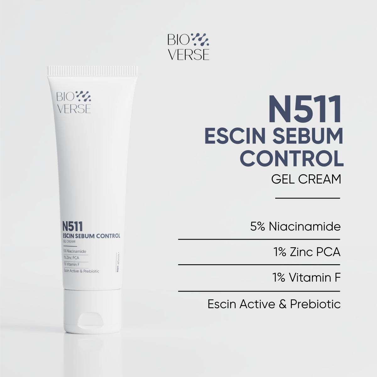 Gel dưỡng ẩm N511 Escin Sebum Control Gel Cream Bioverse hỗ trợ kiểm soát dầu nhờn, làm dịu vùng mụn cho da 45ml