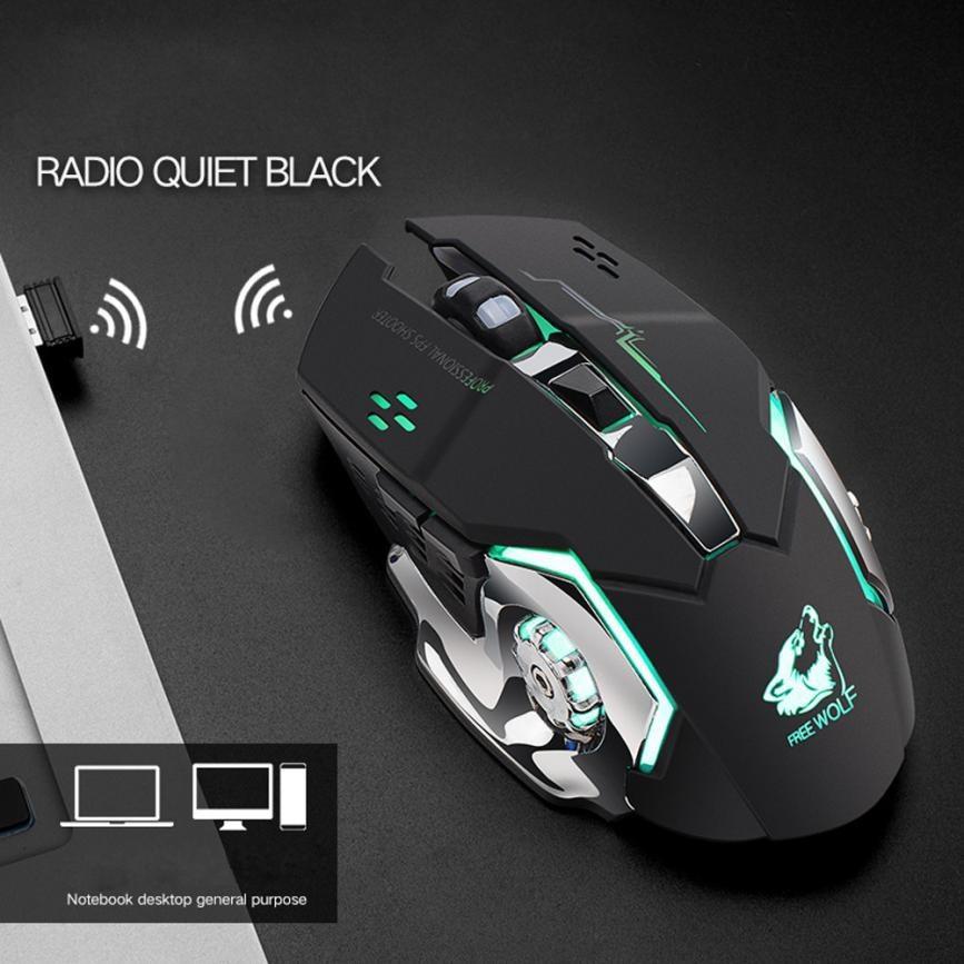Chuột Chơi Game Sạc Không Dây Wolf X8 Click Cực Êm, 6 Phím Chức Năng Chơi Game Có Đèn Led