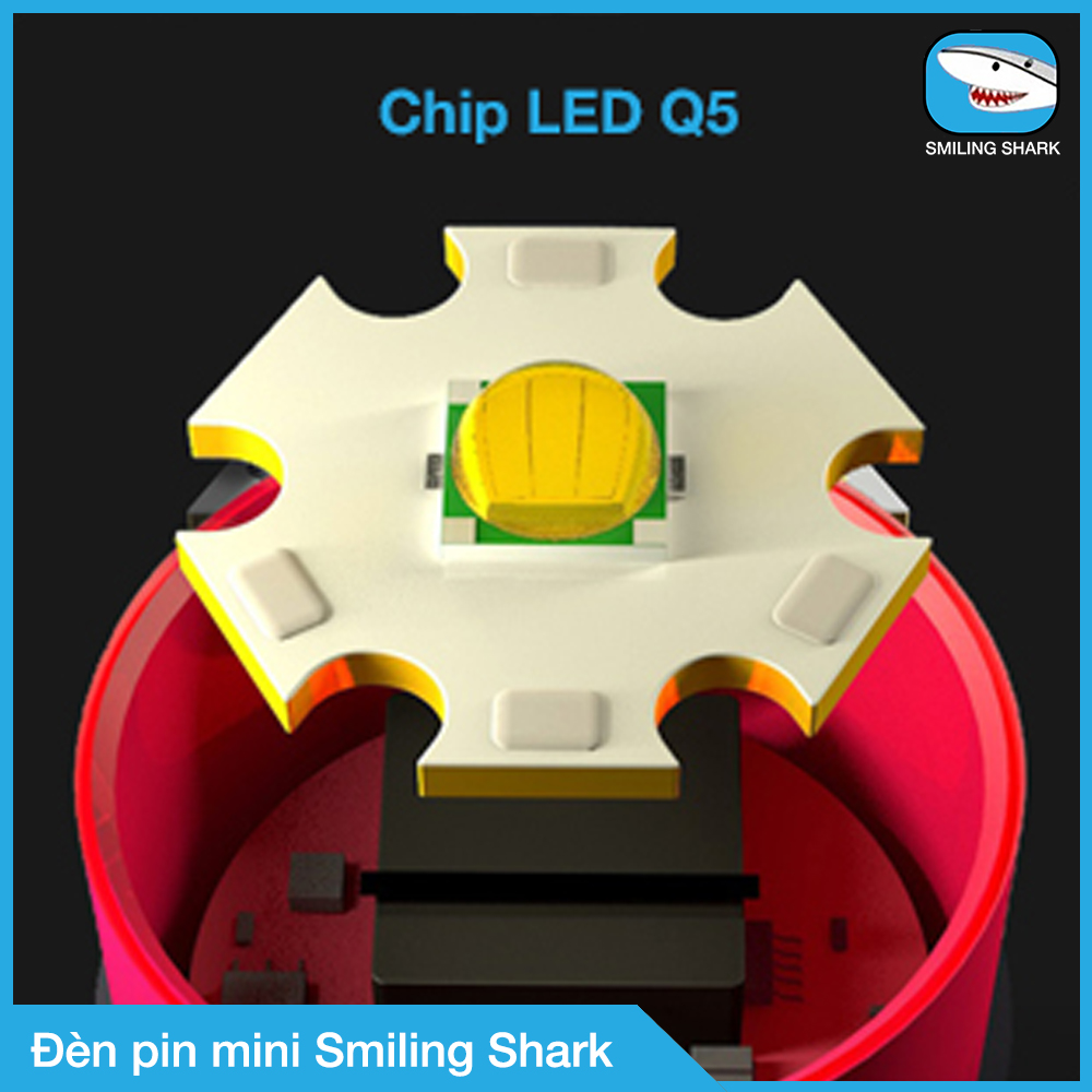 Đèn pin mini siêu sáng Smiling Shark, tầm chiếu xa 50 - 200m, cho vừa túi quần, pin siêu khoẻ, chiếu sáng sương mù, chống nước, sạc USB, gắn xe đạp hoặc mang theo dã ngoại đa dụng nhỏ gọn - Hàng Chính Hãng