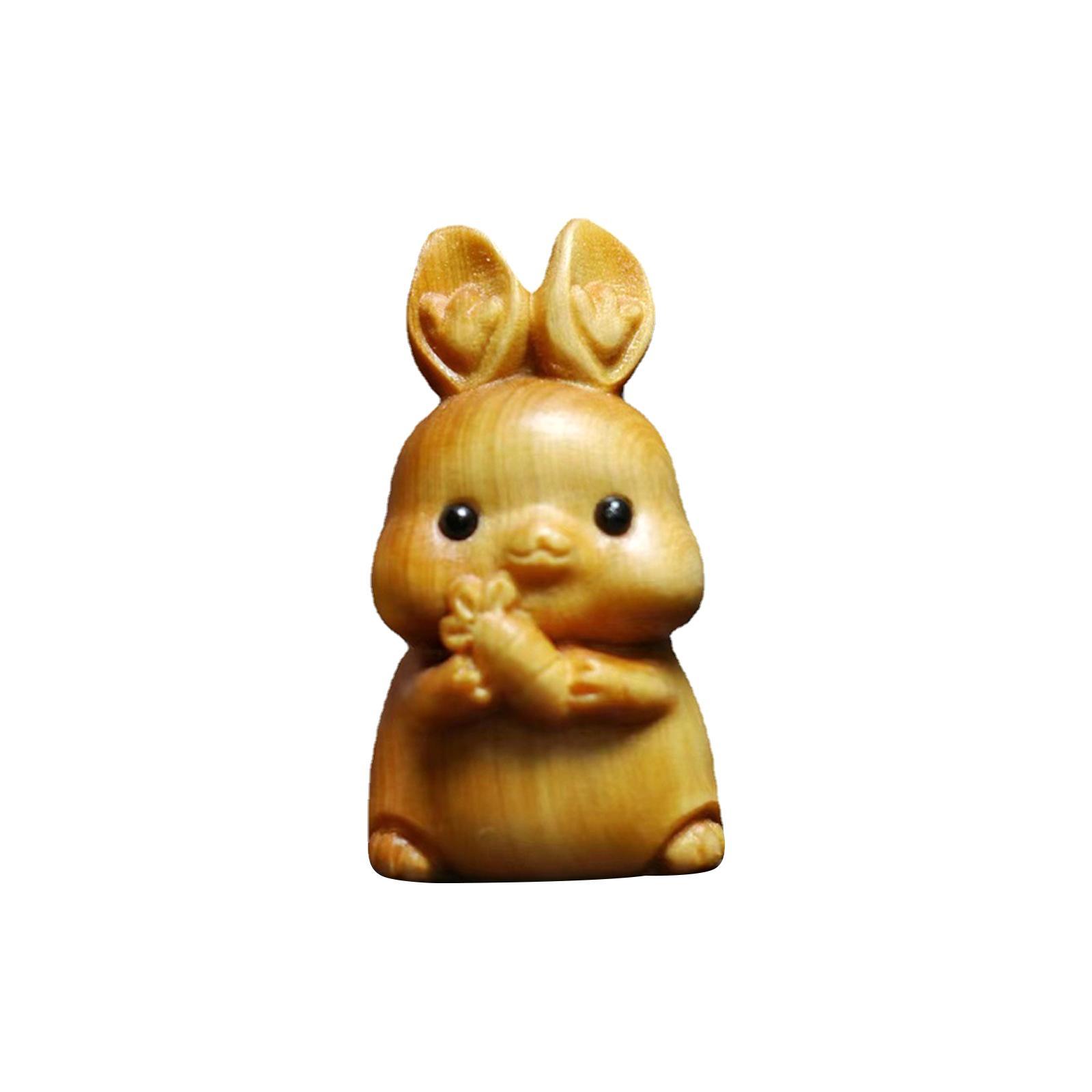 Wood Carving Rabbit Statue Crafts DIY Collectibles Desktop Ornament Miniature Figurine Sculpture for Bookshelf Desktop Living Room