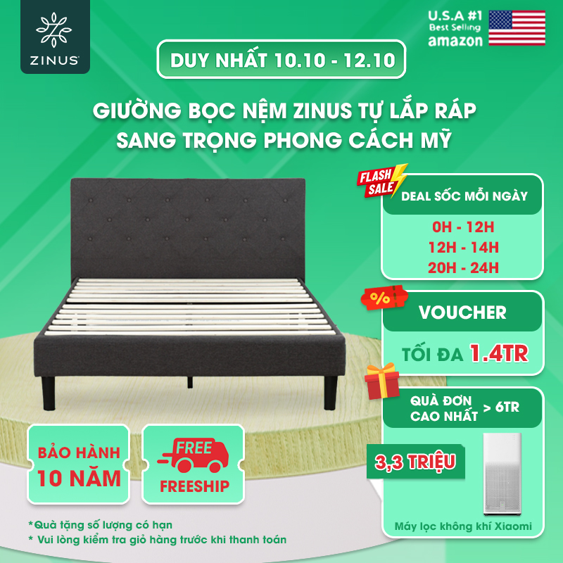 Giường Bọc Nệm Zinus Tự Lắp Ráp Sang Trọng Phong Cách Mỹ - Vertically Cushioned Platform Bed