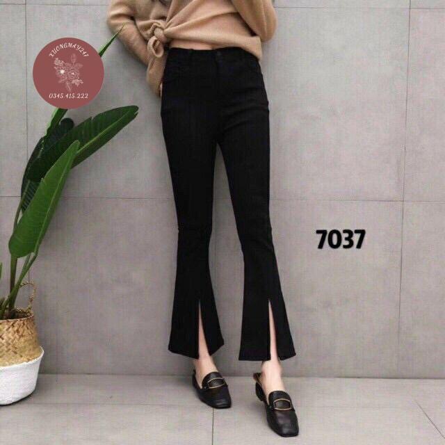 Quần Bò Giấy Ống Loe Xẻ Gấu Trước Cạp Cao Siêu Tôn Dáng