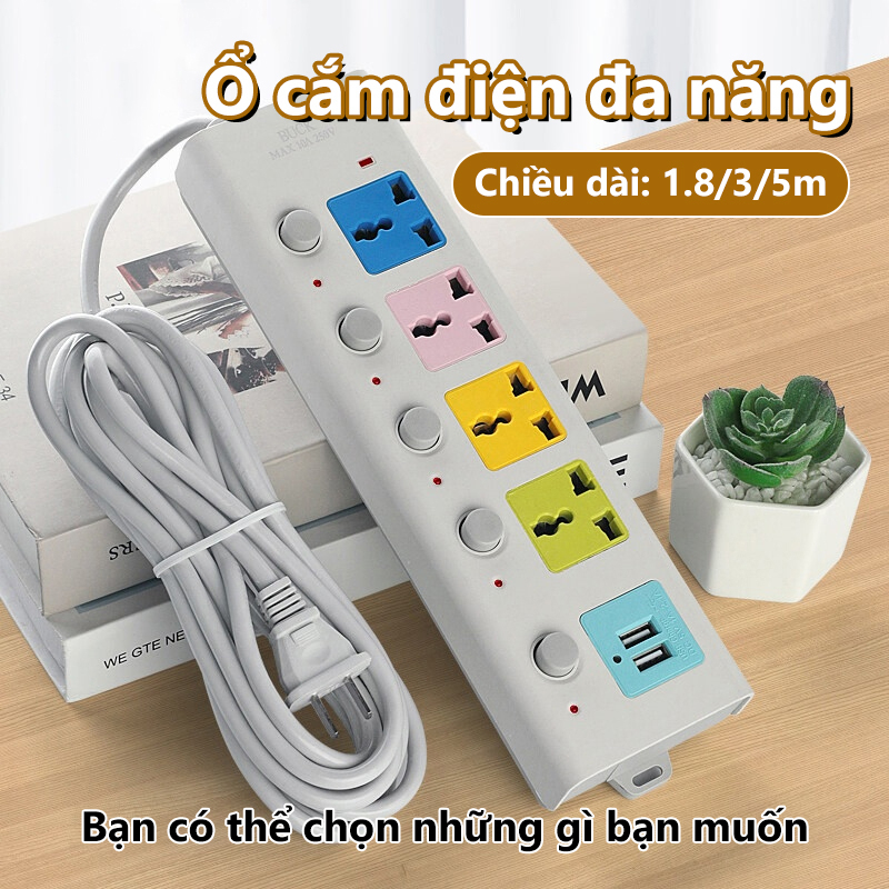 Ổ Cắm Điện Đa Năng Thông Minh Ổ Điện 6 Lỗ Có Cổng Sạc USB Có Chốt An Toàn Dây Dài 1,6M - Hàng Cao Cấp