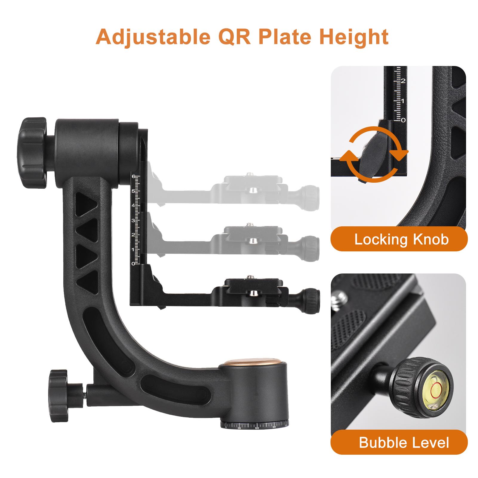 Heavy Duty 360° Panoramic Gimbal Tripod Head Aluminum Alloy 15kg/33lbs Load Capacity with 1/4 Inch Screw Quick Release Plate Bubble Level for DSLR Cameras