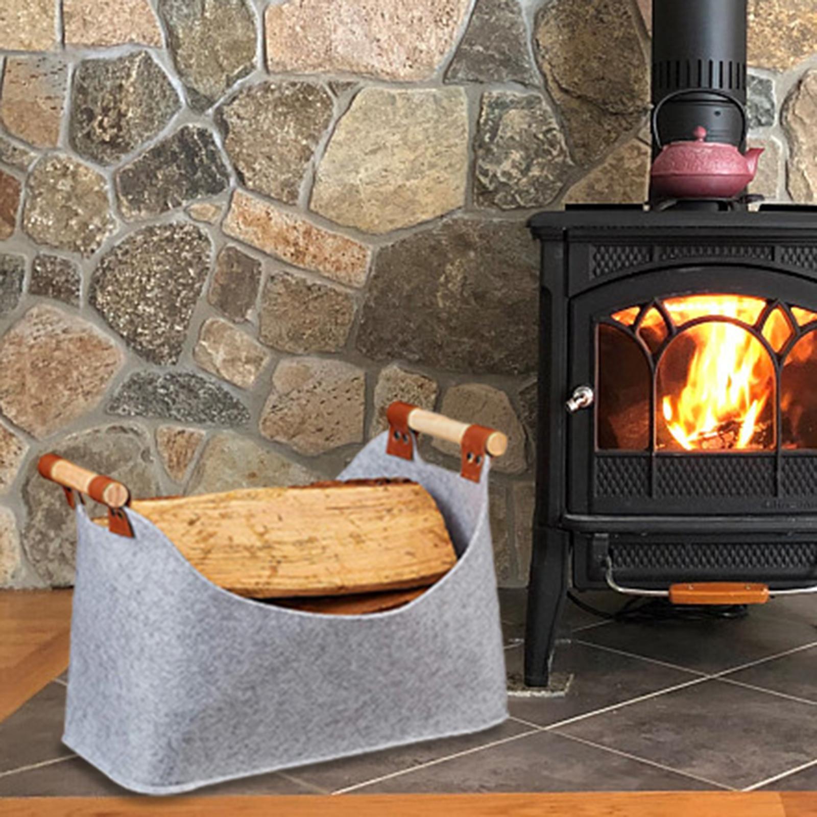 Felt Bag with Wooden Handle Thickened Rack Barbecue Log Tote Bag for Camping