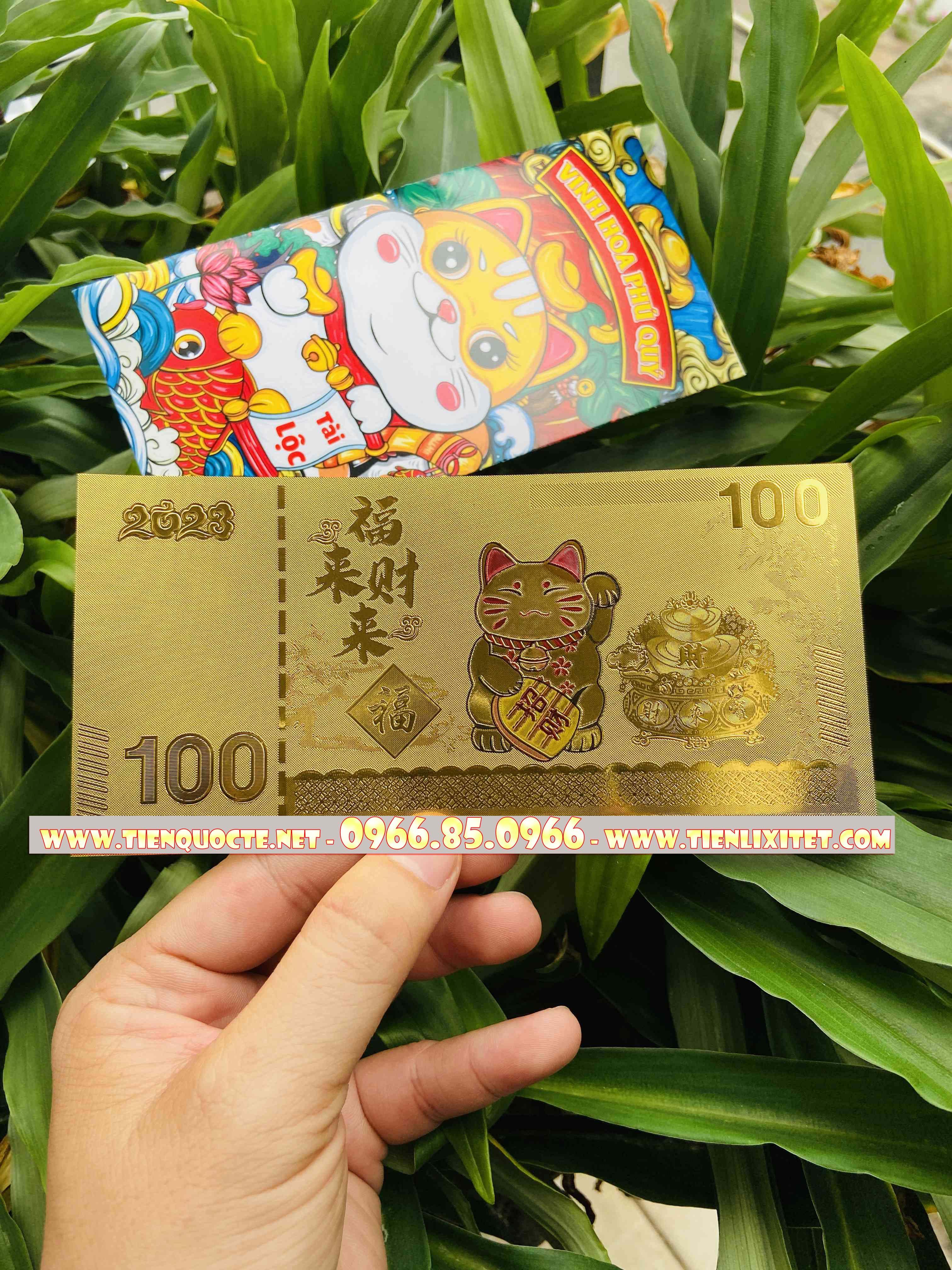 Lì xì hình tiền 2023 Tiền Hình Con mèo Macao 100 Mạ Vàng Plastic M1 2023, tặng bao lì xì