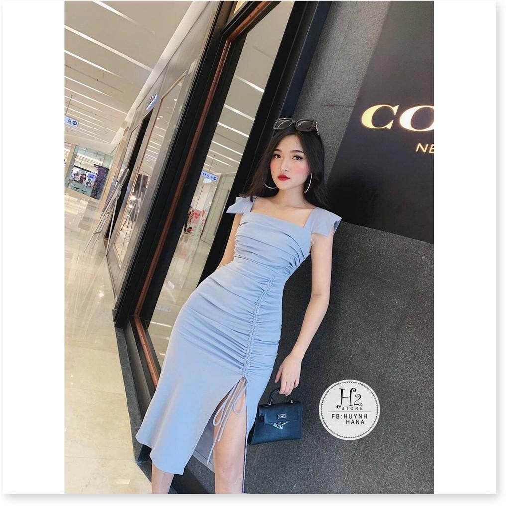Đầm body cổ vuông nhúng eo xẻ tà