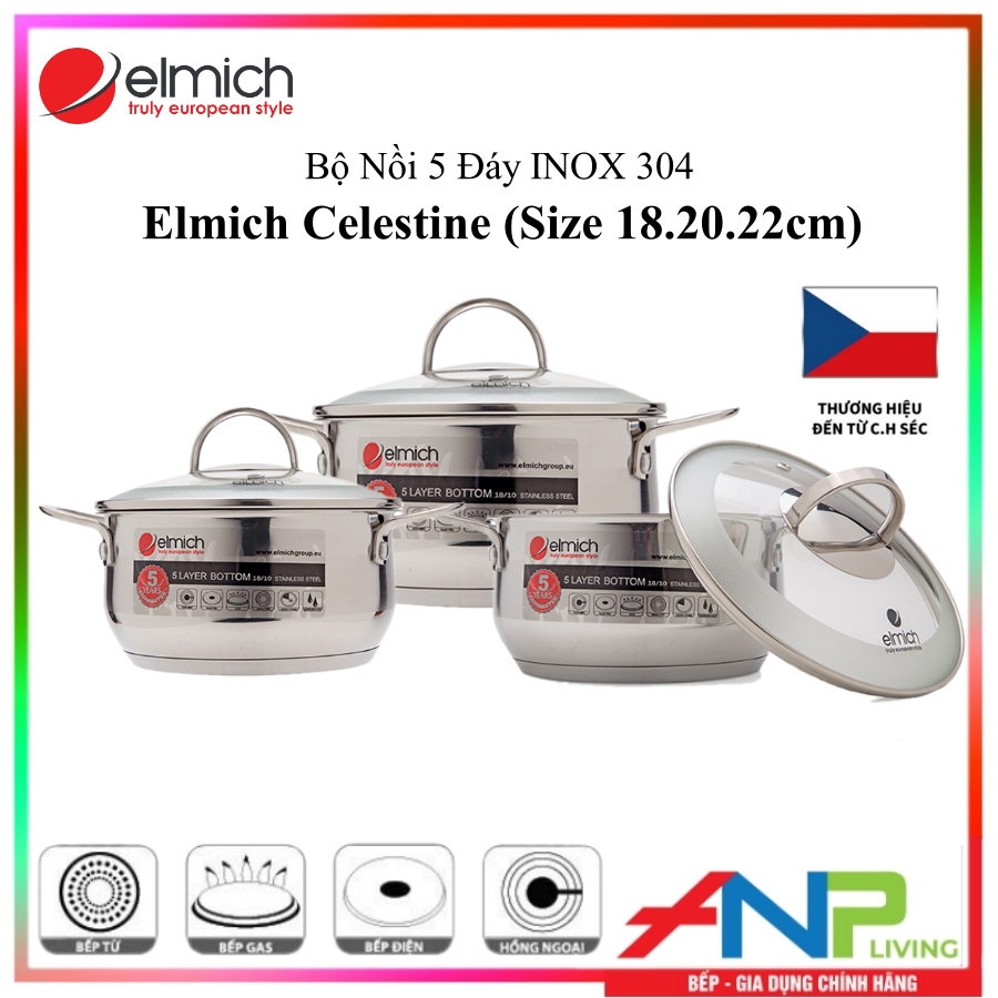 Bộ Nồi 5 đáy Inox 304 Elmich Celestine EL-3978  - Hàng Chính Hãng