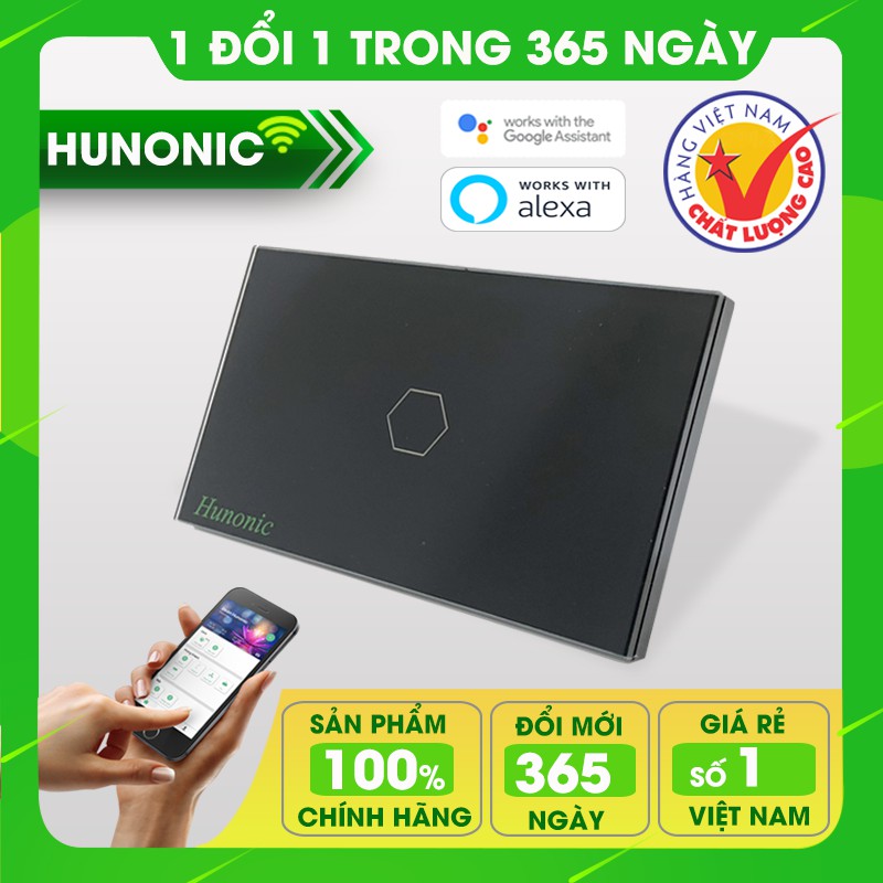 Công tắc thông minh Hunonic 1 nút hỗ trợ Google Assistant . Công tắc cảm ứng WIFI kính cường lực- Công tắc điện 2 màu đen trắng | Hàng Việt Nam Chất Lượng Cao- BH 12 tháng