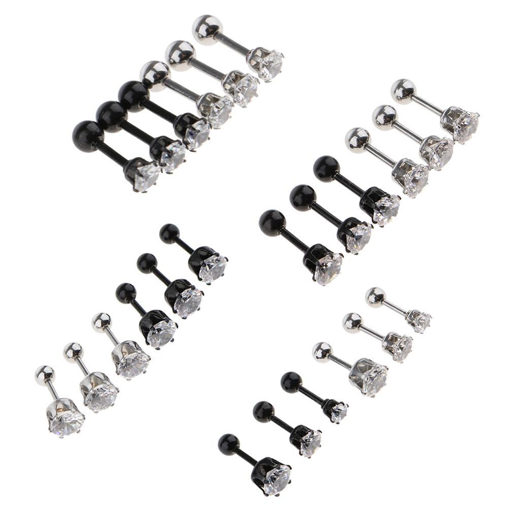 6 Pieces Black Silver Crystal Stainless Steel Ear Navel Belly Stud