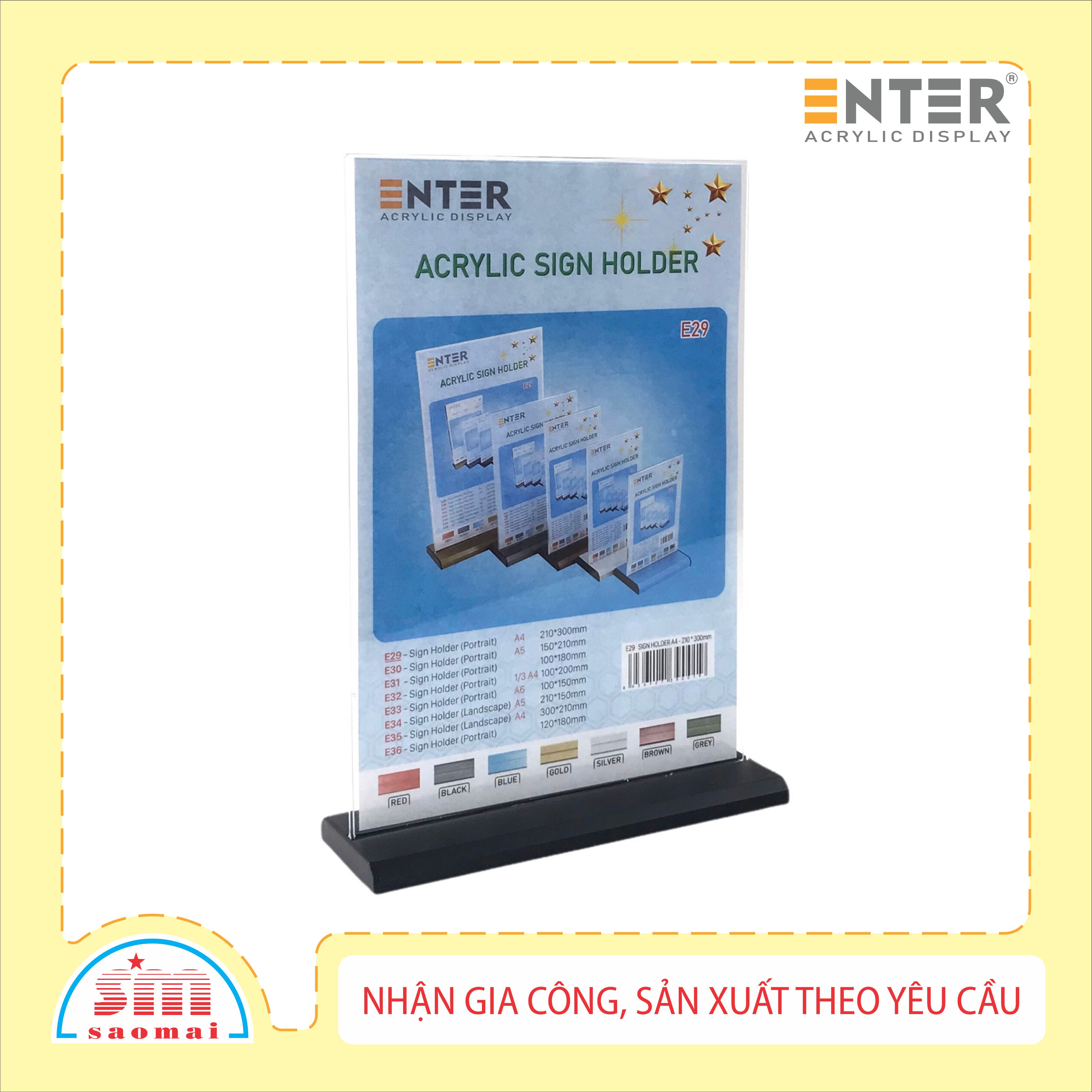 Kệ menu nhà hàng, Standee mica để bàn, Bảng quét mã QR Code, Kệ mica 2 mặt Enter E29 210x300mm đế nhôm A4 đứng