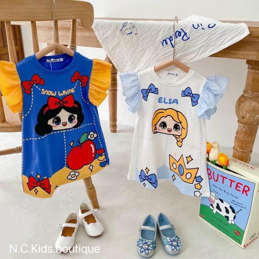 Váy Suông Hoạt Hình ngộ nghỉnh 2 Màu Siêu Hot ,Tay áo thiết kế cánh tiên Dễ Thương Cho Bé Gái Size 10-22kg