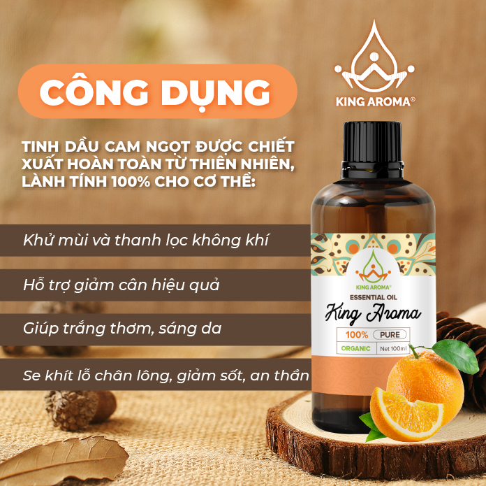 Tinh Dầu Thiên Nhiên Cam Ngọt KING AROMA mẫu thử 30ml/ 100ml - Tinh Dầu Nguyên Chất Xông Thơm Phòng/ Thư Giãn Tinh Thần/ Thích Hợp Dùng Với Đèn Xông và Máy Khuếch Tán.