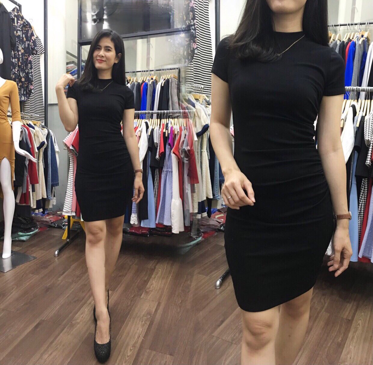 F306 Đầm ôm body nhún eo tay ngắn cổ tròn