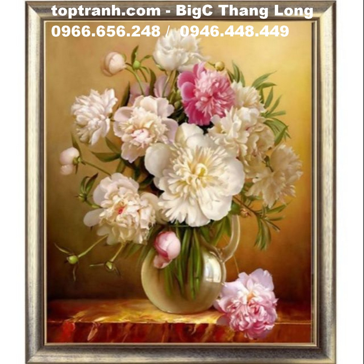 Tranh thêu chữ thập bình hoa mẫu đơn 2 thêu kín MN0136 chưa thêu