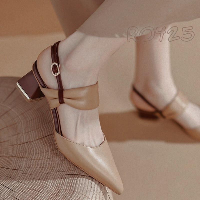 Giày sandal nữ cao gót 4 phân hàng hiệu rosata hai màu trắng da ro425